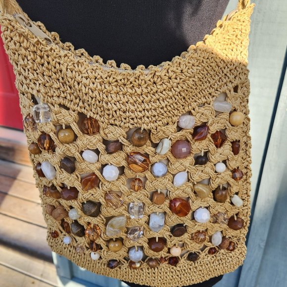 Cappelli Straworld 100% Paper Handbag With Decorative Stones Beads 11" By 11.5" - Picture 4 of 6